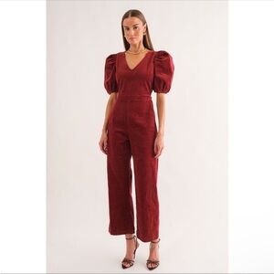 Sophie the Label Womens Puff Sleeve V-Neck Jumpsuit in Burgundy with open back